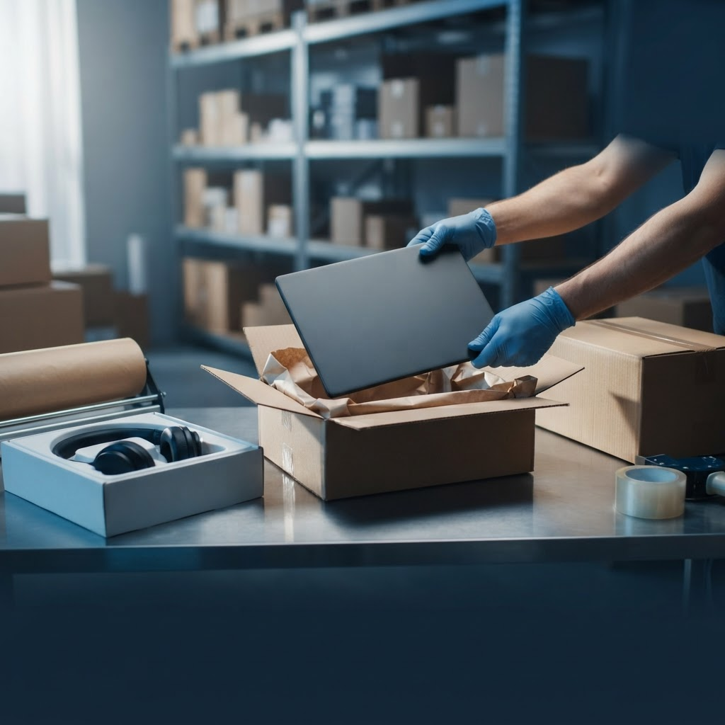 Consumer electronics being padded and packed into a protective shipping carton on a warehouse workbench