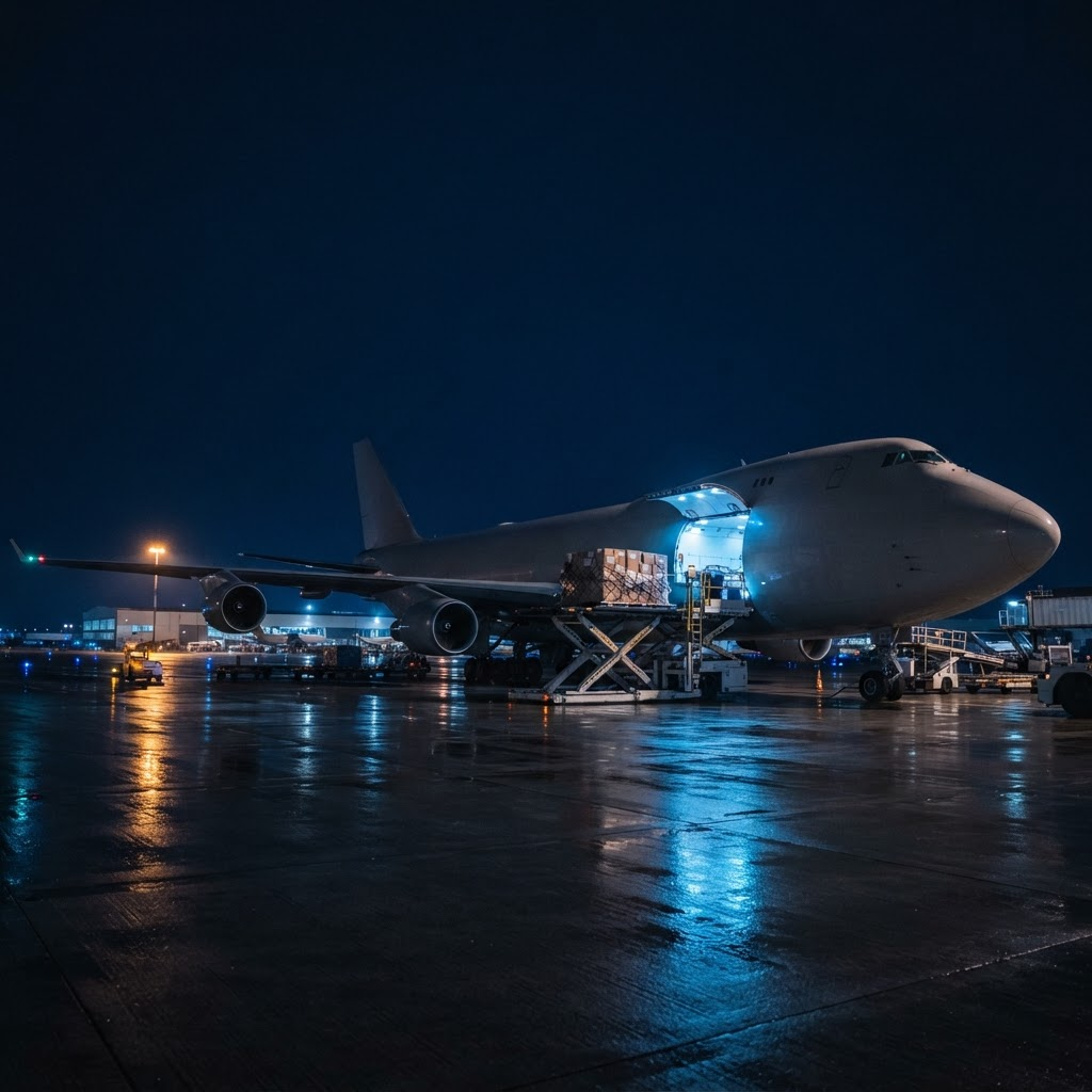 Cargo aircraft being loaded with palletised freight on an airport apron at night