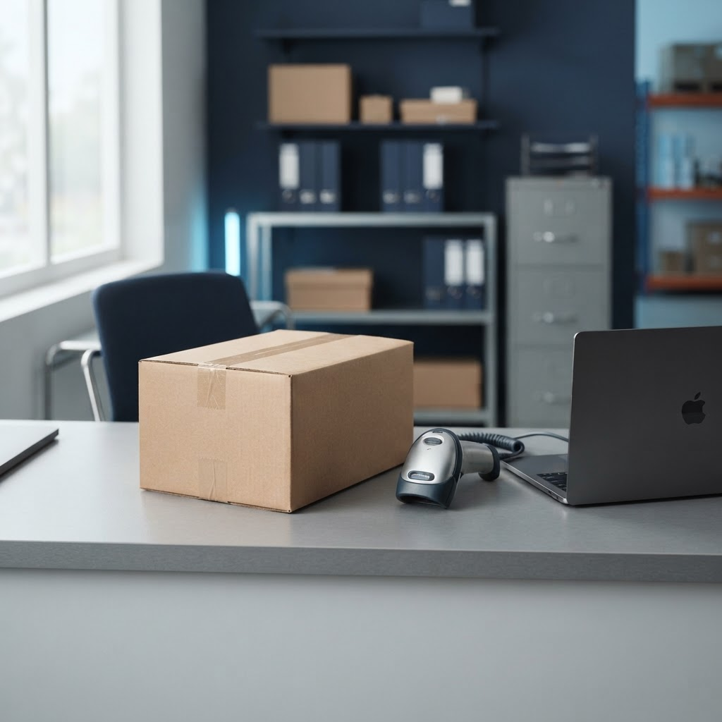 A parcel on a receiving counter beside a barcode scanner in a warehouse office