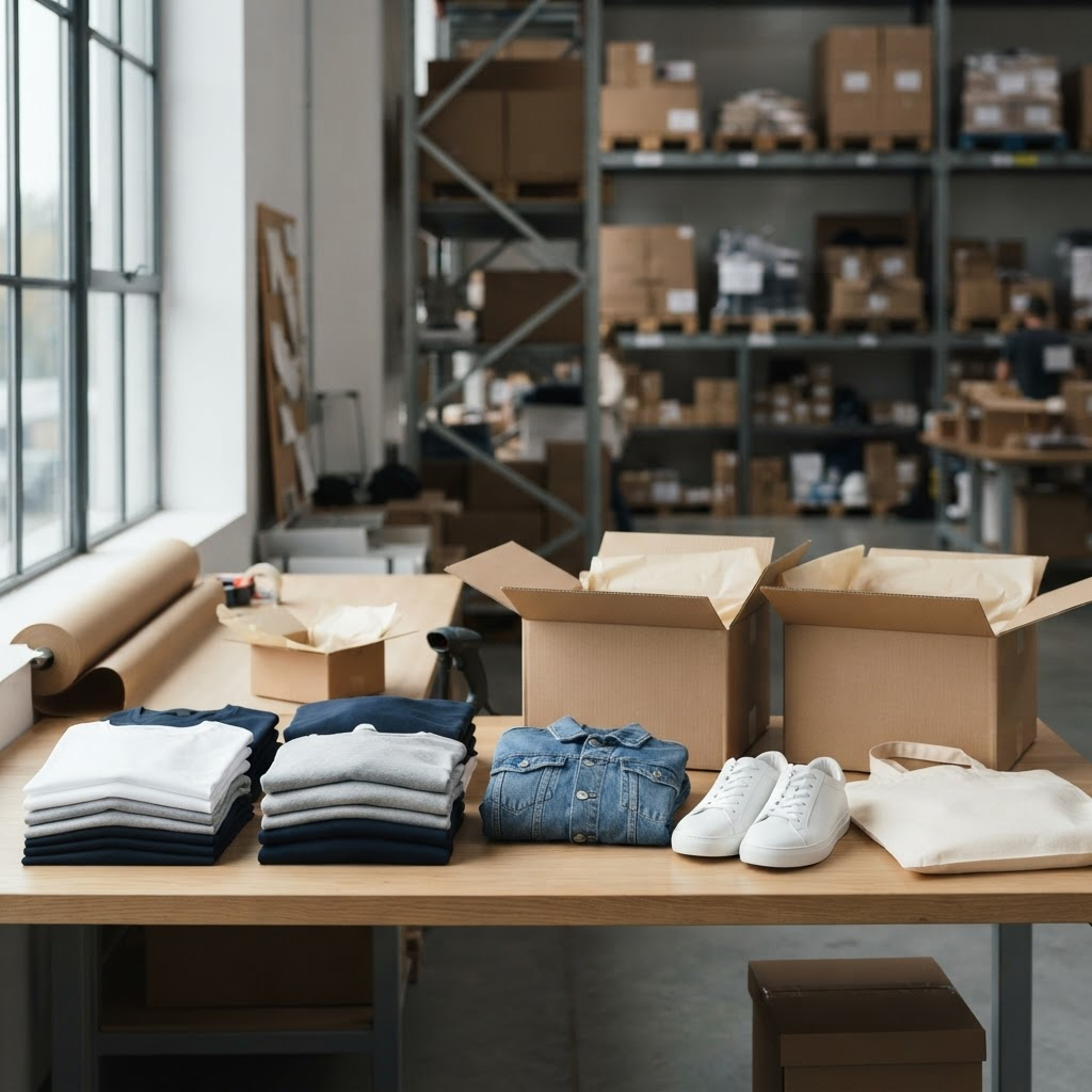 Neatly folded clothing, sneakers and shopping bags packed alongside shipping boxes at a Miami warehouse