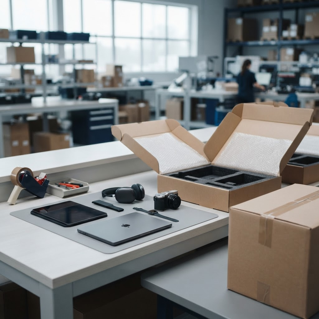 Smartphones, a laptop, headphones and a camera arranged beside shipping cartons at a Miami logistics warehouse