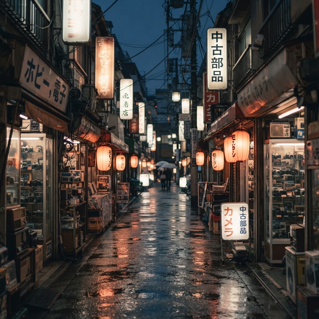 Una calle angosta de Tokio al atardecer con pequeñas tiendas de segunda mano de hobby y electrónica
