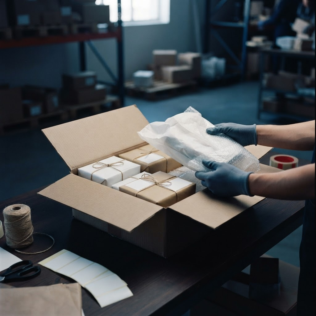 Paquetes pequeños de Japón siendo envueltos en papel de seda y agrupados en una sola caja de exportación sobre una mesa de clasificación