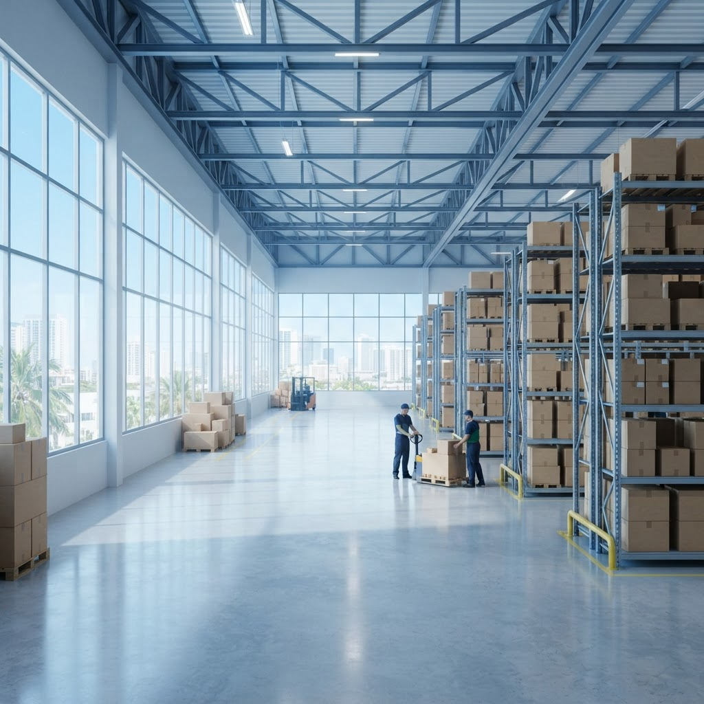 Bright, organized US1 Trade logistics warehouse in Miami with neatly shelved packages